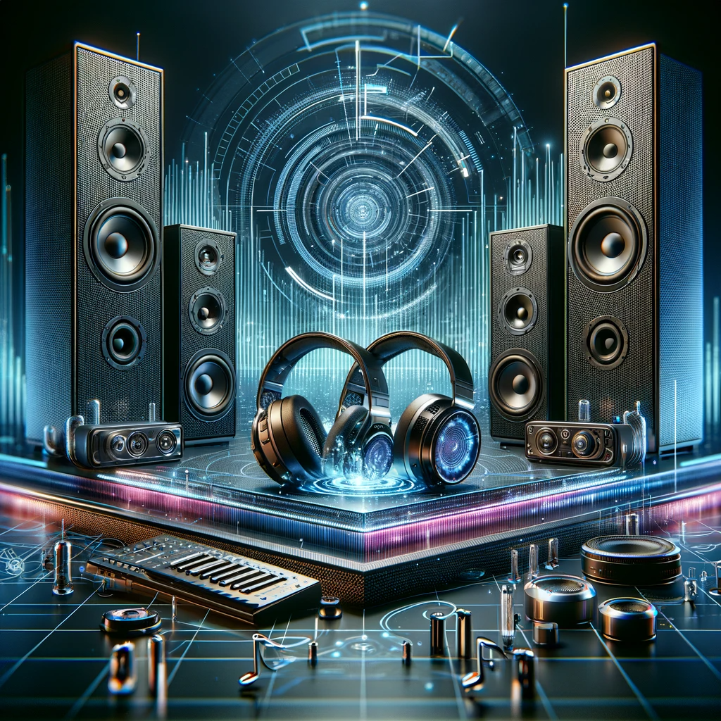 A futuristic scene showcasing Fork Audio's advanced audio technology, including sleek speakers, high-tech headphones, and a modern control panel, all in a cutting-edge environment with visible sound waves and a background blending technology and music elements.