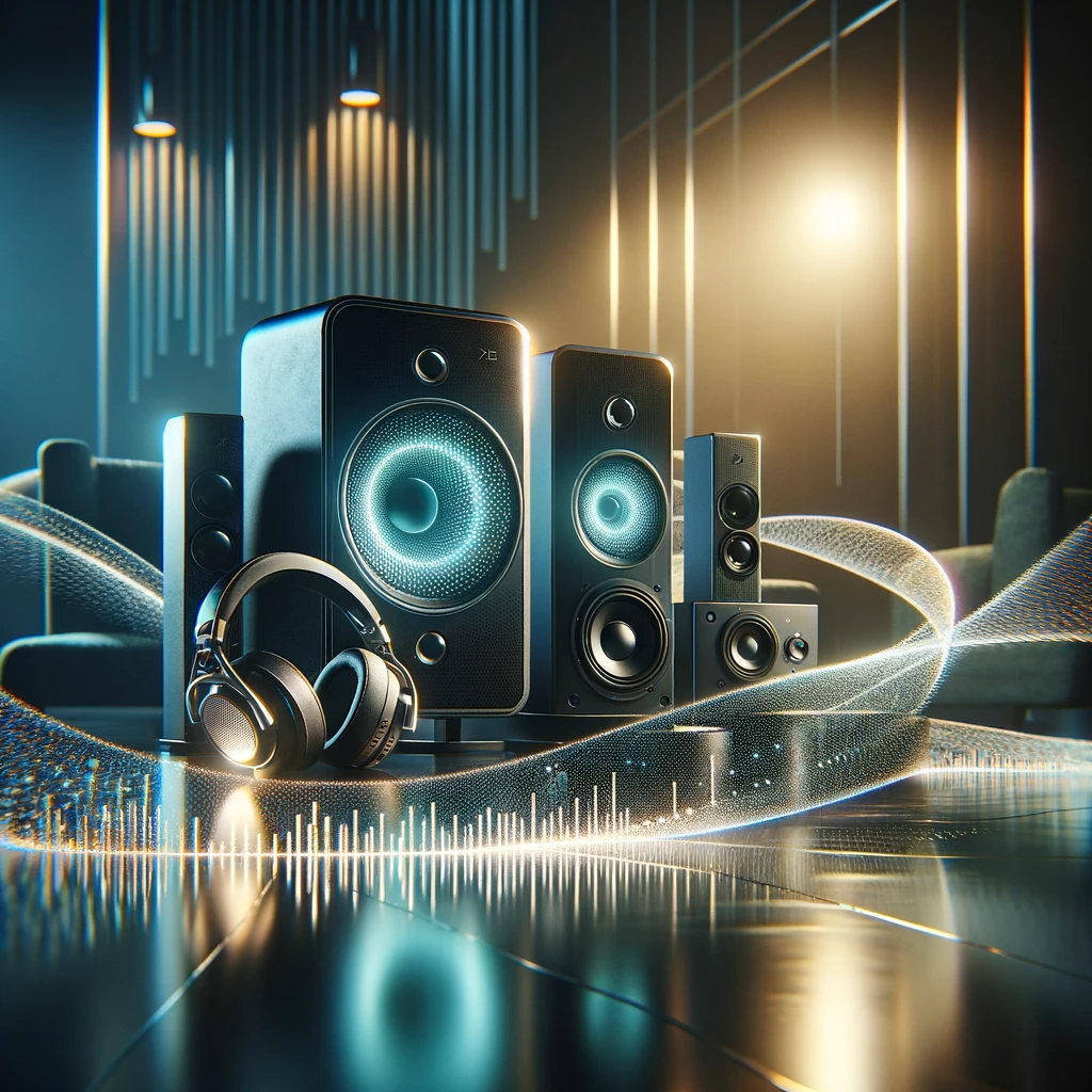 Modern and sophisticated scene featuring the latest Fork Audio equipment, with ultra-modern headphones and speakers in a stylish room, highlighted by ambient lighting and visual effects representing crystal-clear sound.