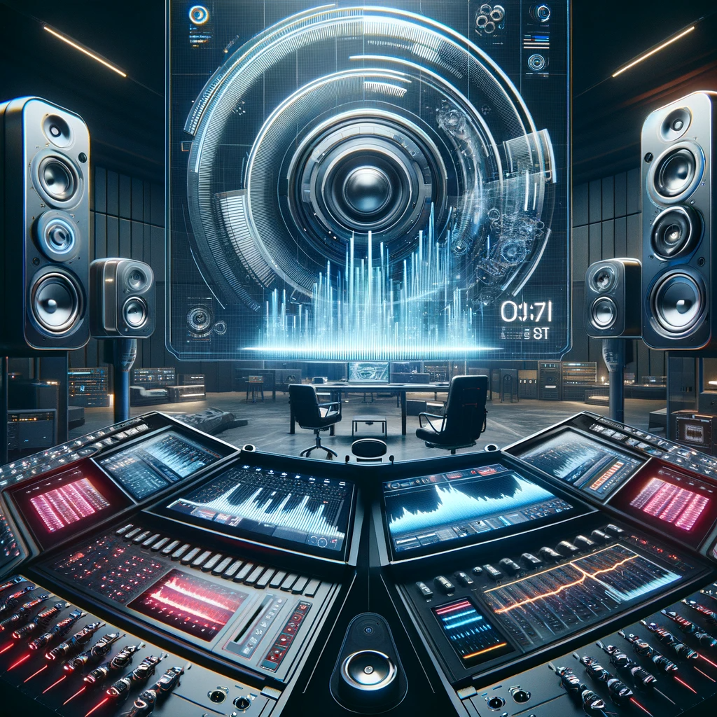 Futuristic music studio scene showcasing Fork Audio's advanced equipment, including state-of-the-art speakers and headphones, set against a backdrop of sound mixing consoles and digital displays with sound waves and audio spectra.
