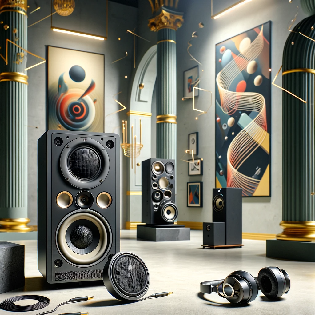 Elegant scene blending art and technology, featuring Fork Audio's sophisticated speakers and headphones in an artistic, gallery-like setting, complemented by abstract art pieces.