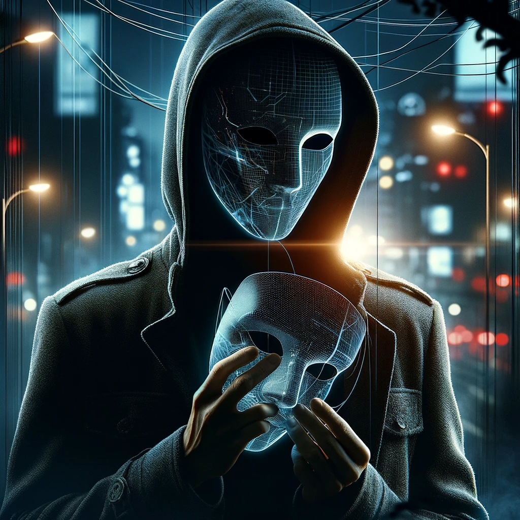  Mysterious figure in a shadowy urban environment, removing a high-tech mask to reveal an everyday face.
