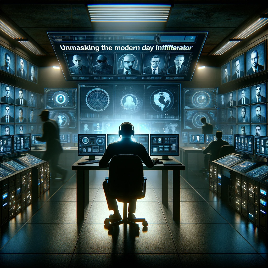 An investigator in a surveillance room filled with screens, analyzing data to uncover infiltrators.