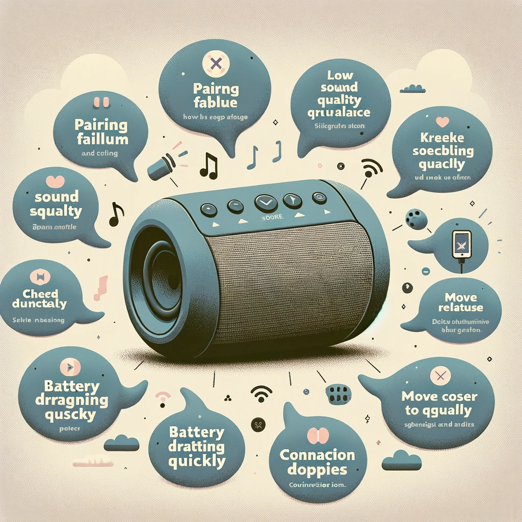 Illustrative diagram showing a Bluetooth speaker with speech bubbles indicating common issues like 'Pairing Failure', 'Low Sound Quality', 'Battery Draining', and 'Connection Dropping', alongside solutions such as 'Reset Speaker', 'Check Audio Source', 'Charge Regularly', and 'Move Closer to Device'.