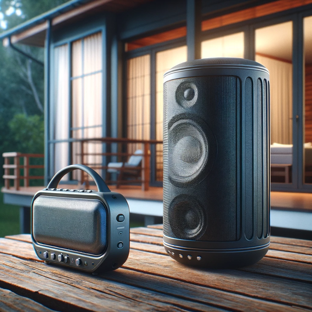 A side-by-side comparison of a portable and a home Bluetooth speaker. The portable speaker is sleek and compact, sitting on an outdoor wooden table, while the larger home speaker is on an indoor glass shelf.