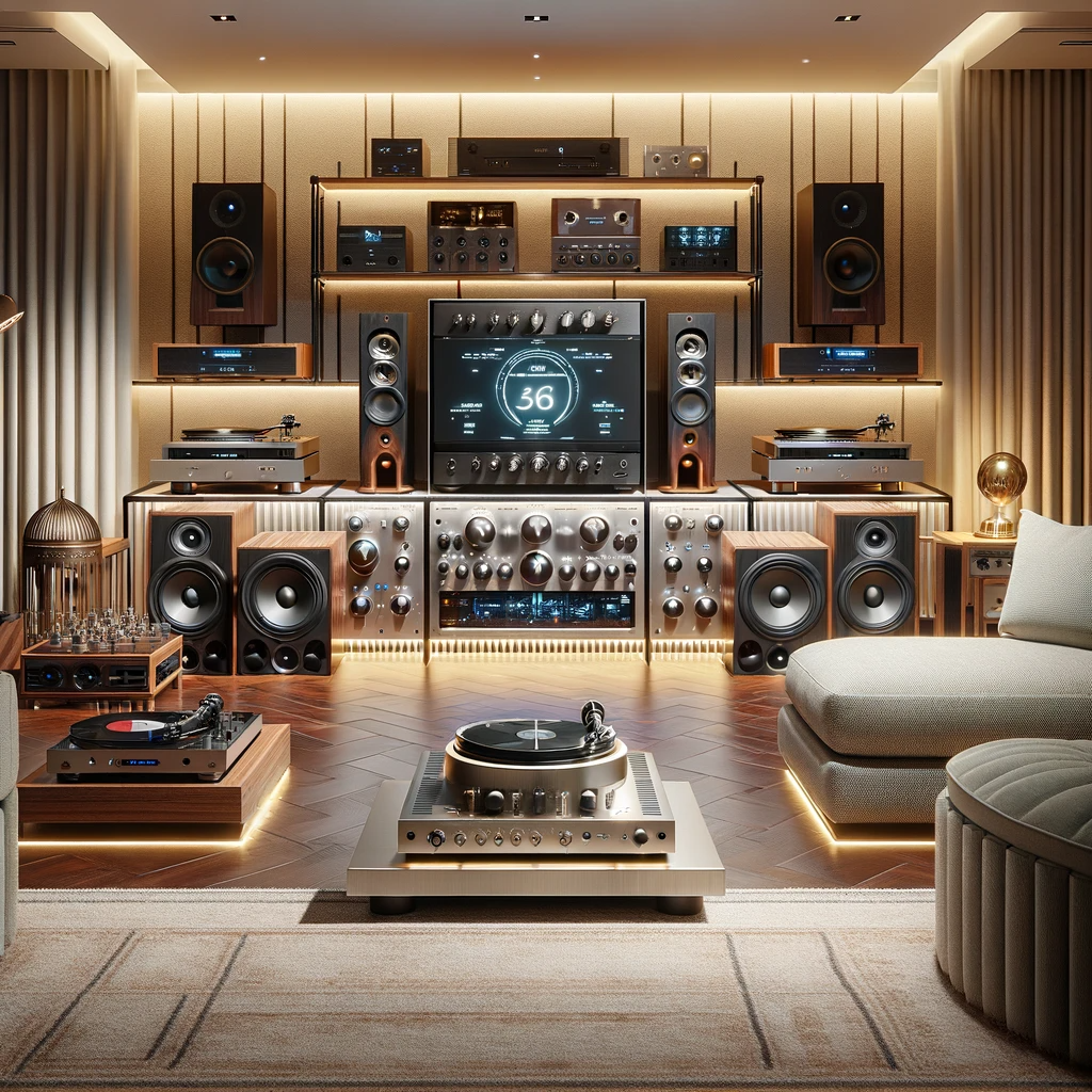 High-end home audio system with amplifier and various audio equipment in a modern living room.