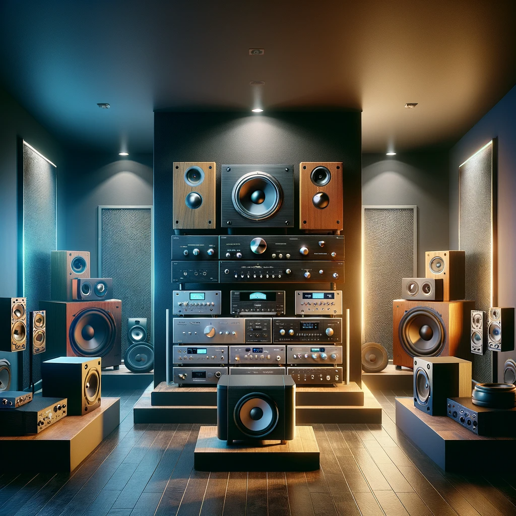 Three amplifier setups for stereo, mono, and multi-channel configurations in a modern room.