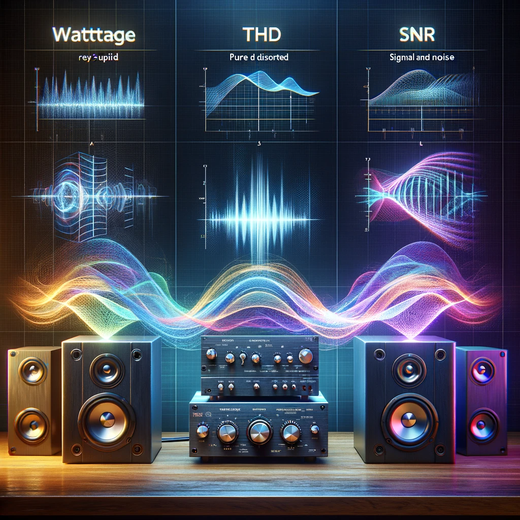 Illustration of amplifier specs with sound waves for wattage, waveform for THD, and signal-to-noise ratio depiction.
