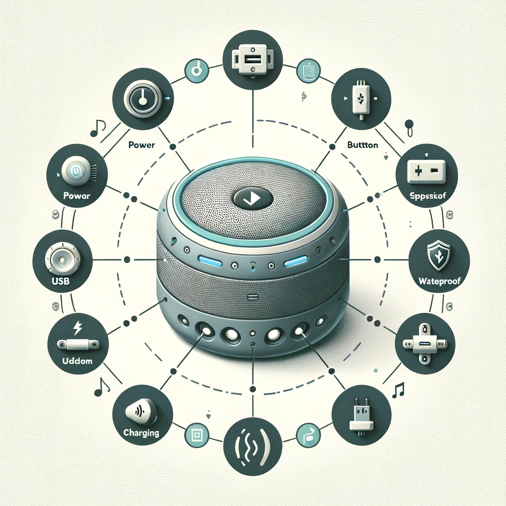 Educational diagram of a Bluetooth speaker, highlighting features like power button, volume control, USB charging port, waterproof casing, LED indicators, and AUX input, with labeled arrows pointing to each part on a neutral background.