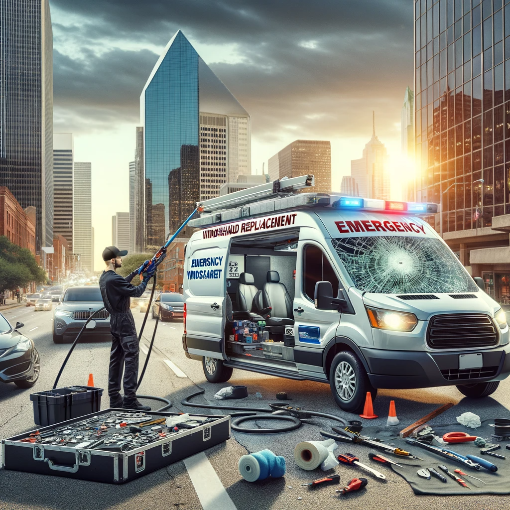 Mobile emergency windshield replacement service in Dallas, with technicians working beside a damaged car.