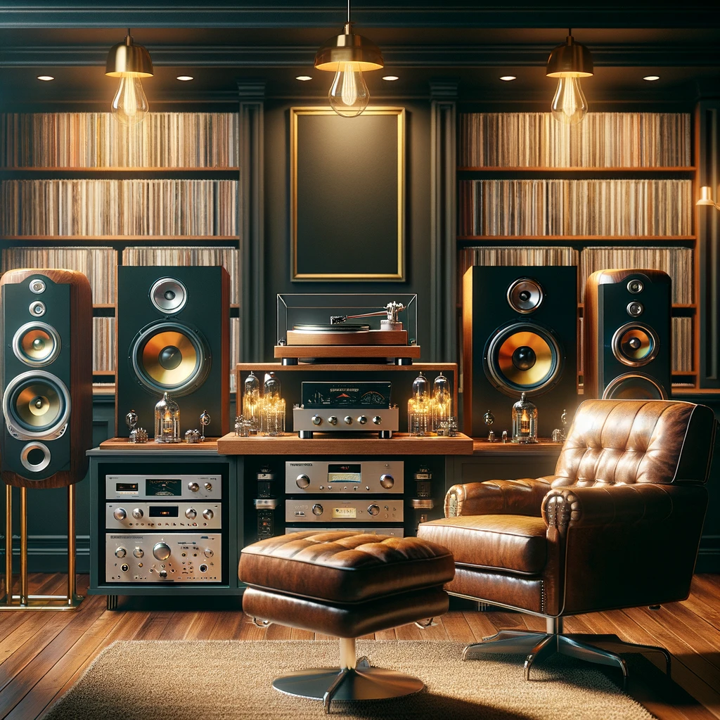 A luxurious listening room featuring high-end audio equipment, including a vinyl turntable, tube amplifiers, and large speakers, with a comfortable leather chair for an immersive listening experience.