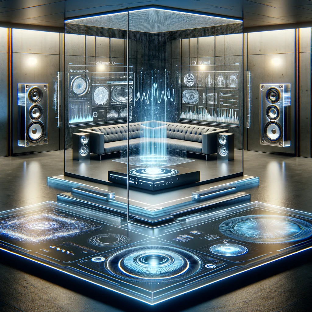 A modern room with futuristic audio technology, including transparent holographic displays of sound waves and a minimalist, cutting-edge wireless sound system.