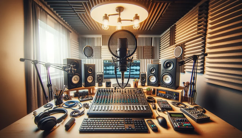 Home studio setup with essential audio equipment for content creators, including microphones, an audio interface, and studio monitors.