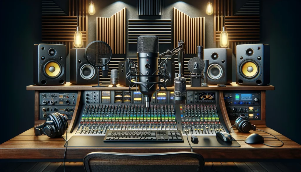 A professional audio studio equipped with various high-end audio gear including multiple types of microphones, an audio interface, studio monitors, and a mixing console.