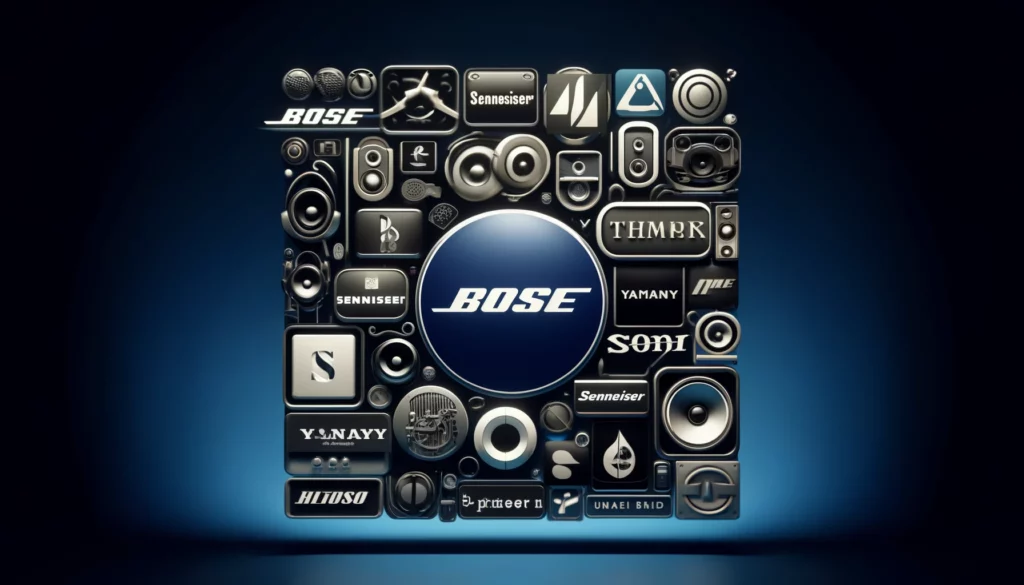Logos of top audio equipment brands including Bose, Sennheiser, Sony, Yamaha, Pioneer, and Klipsch displayed against a modern gradient background.
