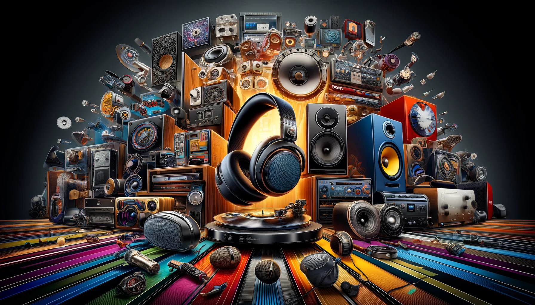 A digital collage featuring an array of premium audio equipment from brands like Bose, Sennheiser, and Sony, among others.